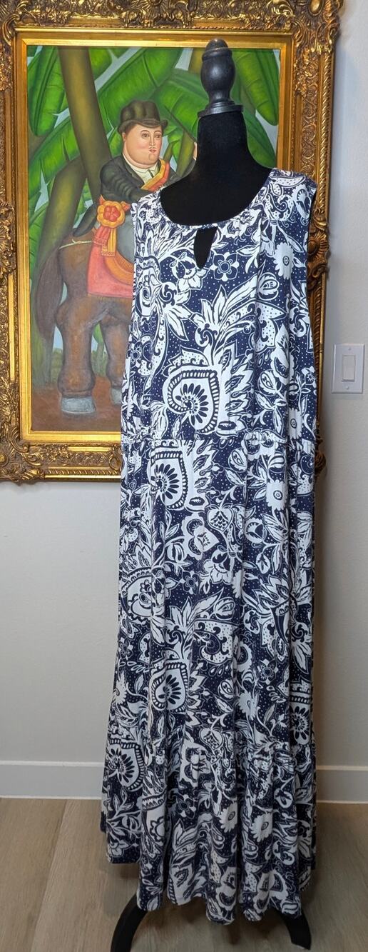 Talbots Plus 3X Navy Blue Paisley Cotton Modal Stretch Tiered Maxi Dress Coastal